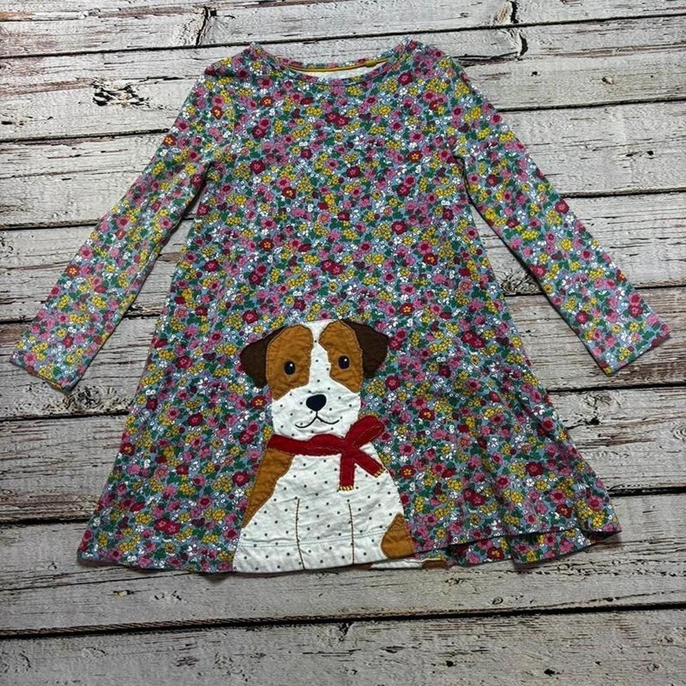 Mini Boden 6-7 Girls floral long sleeve dress/tunic with dog applique